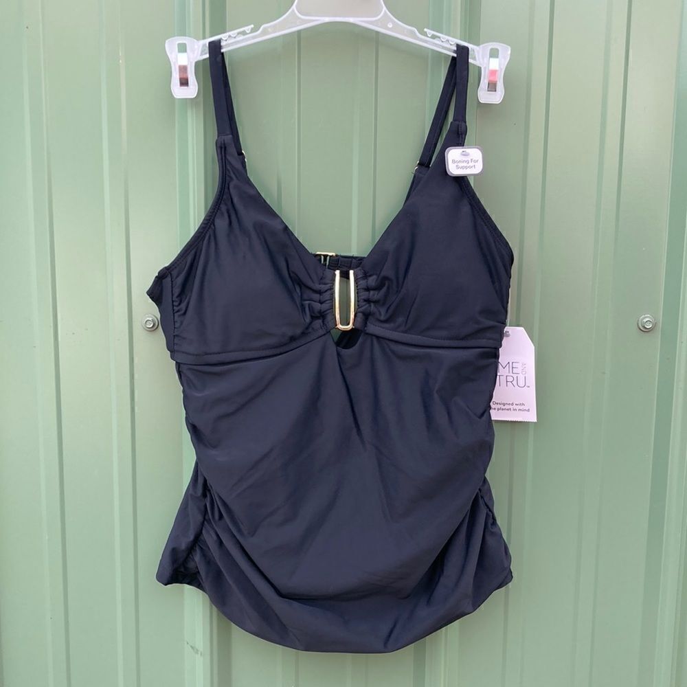 Women's Solid Black U-Ring Tankini Swim Top Swimsuit Bathing Suit Size S